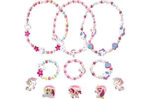 Shinybox Drewniany zestaw biżuterii dla dzieci, 9 szt. naszyjnik i bransoletka, naszyjnik z jednorożcem, zestaw bransoletek księżniczki, kolorowe drewniane koraliki, biżuteria dla dzieci, dla