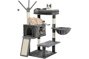 PETEPELA Tiragraffi da 122 cm, pratico albero per gatti adulti con grande grotta per gatti grandi e grassi, amaca in sisal, tronco, giocattolo per gatti, grigio