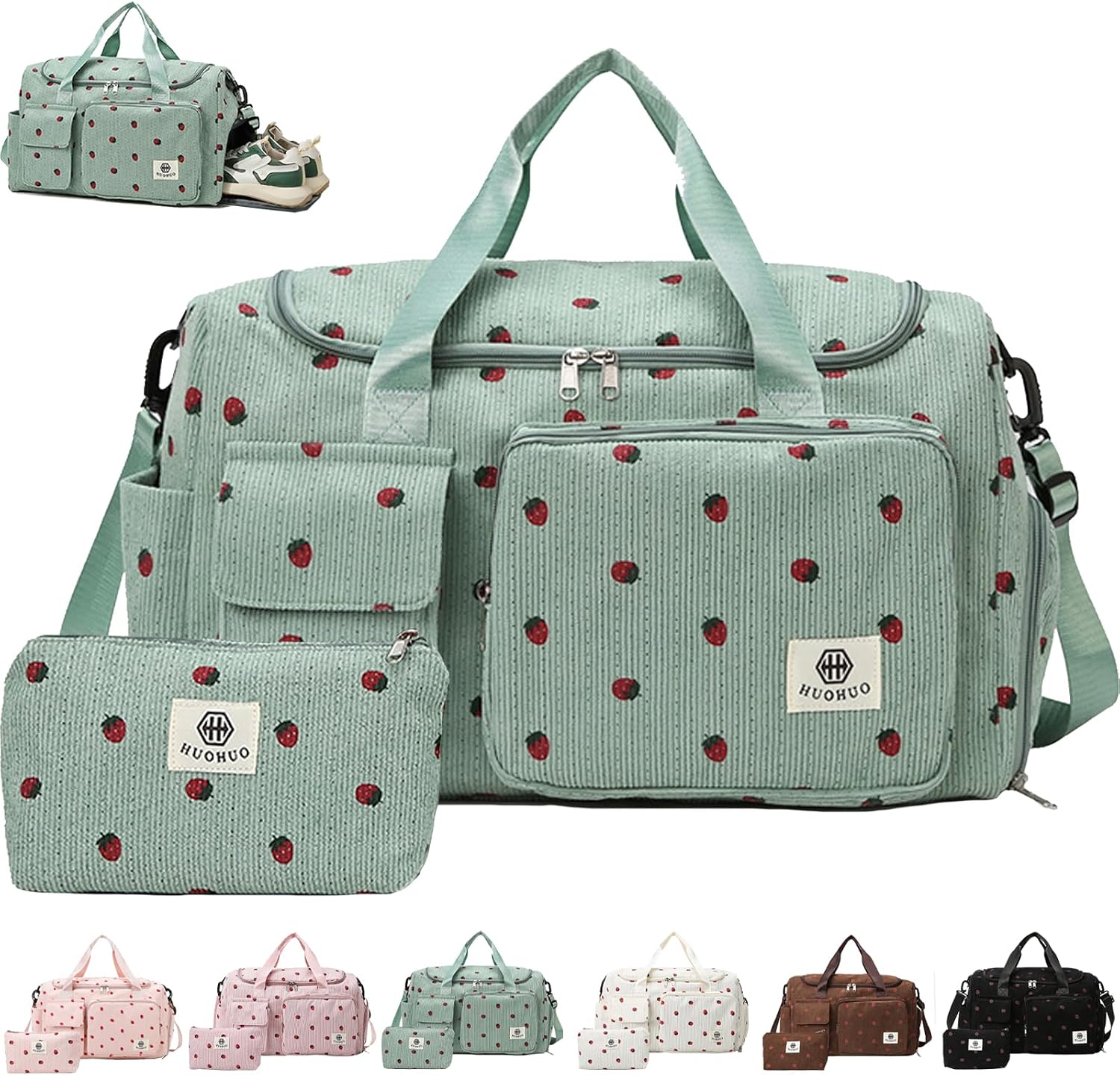 AUNGKWANG Bolsa de Deporte para Mujer, Pana Fresa Sporttasche con Compartimento para Zapatos, Compartimento y Billetera Pequeña para Mojados, Bolsa de Viaje für Viajar, Fitness, Deporte, 48x22x27 cm