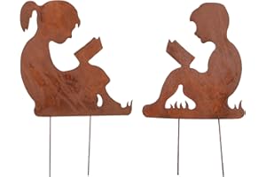UNUS Lot de 2 figurines de jardin pour garçon et fille (petit) en métal bronze patiné, décoration de jardin moderne rustique pour intérieur et extérieur, idée cadeau pour enfants, toutes saisons