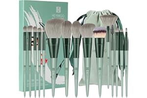 Pinceaux Maquillages HEYMKGO 15pcs Pinceaux de Maquillage à Manche Conique Vert en Cheveux Synthétiques de Qualité Supérieure,Pinceaux Maquillages Professionnel Avec Cordon de Serrage Sac en Flanelle