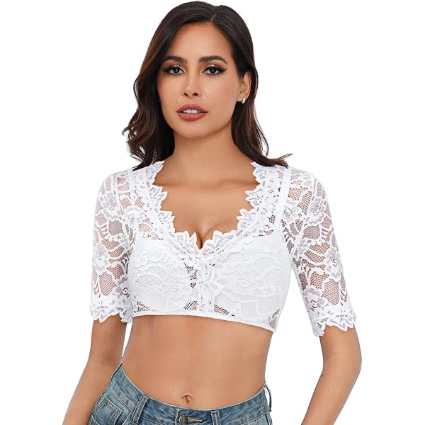 Chemisier Dirndl En Dentelle Blanche Pour Femme - Manches Mi-longues - Style Traditionnel Pour Fête De La Bière - Tailles S à 3XL