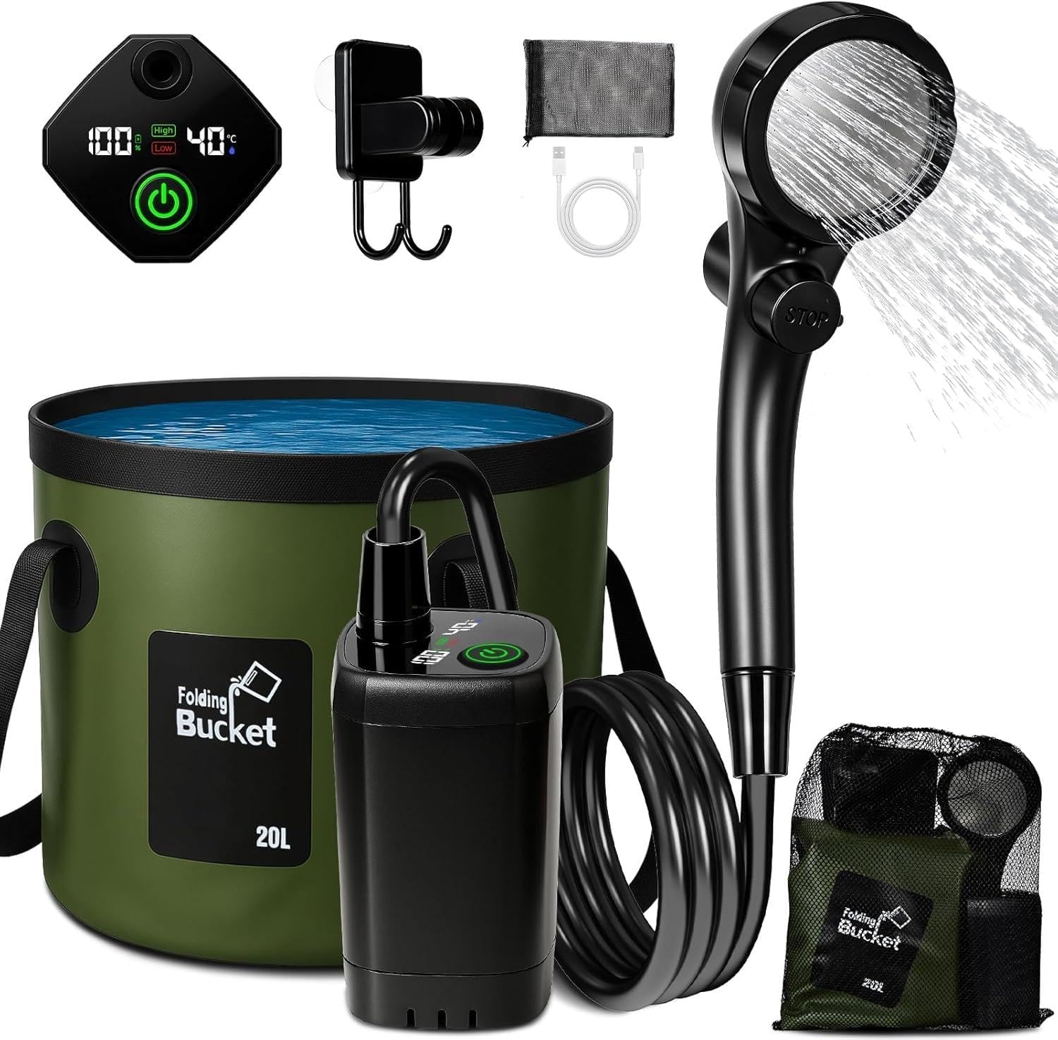 Ducha Portatil Camping con Bomba Batería 6000mAh – Kit Ducha Agua Caliente con Cubo Plegable 20L, Cabezal 3 Modos, Manguera 2m, IPX7, Carga USB-C – Ducha Camper Furgoneta Exterior Perro Jardín