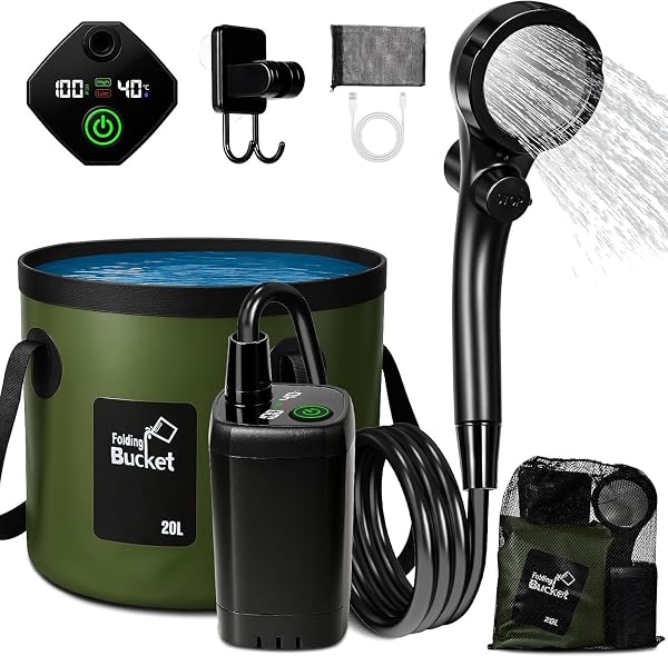 Ducha Portatil Camping con Bomba Batería 6000mAh – Kit Ducha Agua Caliente con Cubo Plegable 20L, Cabezal 3 Modos, Manguera 2m, IPX7, Carga USB-C – Ducha Camper Furgoneta Exterior Perro Jardín - 1