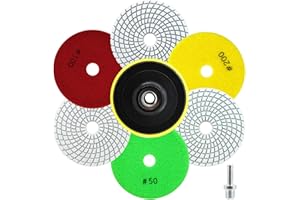 QUEFORET Diamant Polierpads Set 8 Stücke - 6 Stücke 100mm Nass Polierscheiben (Körnung 50 x 2, 100 x 2, 200 x 2), 1 Stück Polierteller, 1 Stück Adapter für Granit Marmor Quarz Kunststein