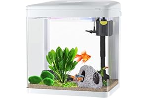 Craftsboys 15L Fish Tank with Filter and Light, Rectangular Aquarium Tank with LED Light, Tray Filter System, Curved Glass Front (White)