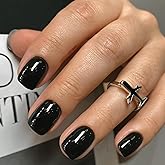 Ceboic 24Pcs Court Carré Faux Ongles, Naturel Noir Couleur Unie Ongles à Coller, Acryliques Couverture Complète Press on Nail