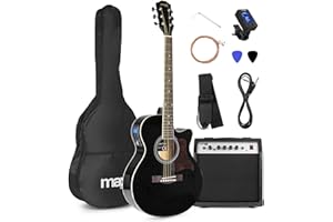 MAX Showkit Guitarra Electroacústica Negra con Amplificador, Funda, Afinador, Correa, 2 Púas y Juego de Cuerdas de Repuesto de Acero – Pack Completo Ideal para Principiantes y Músicos Aficionados