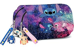 Gxhong Stitch Pen Case Astuccio con doppia cerniera per bambini Stitch Astuccio per matite con portachiavi Stitch, per adolescenti, ragazze, ragazzi, regalo di compleanno, Blu, casual