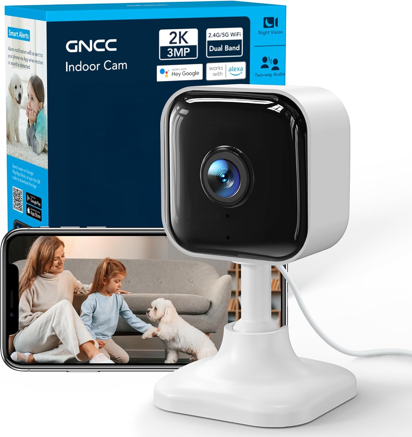 GNCC 2K 3MP Camara Vigilancia WiFi Interior 2.4G/5GHz, Camara Vigilancia Bebe con Seguimiento, Detección de IA, Audio Bidireccional, Visión Nocturna, Compatible con Alexa y Google, GC4