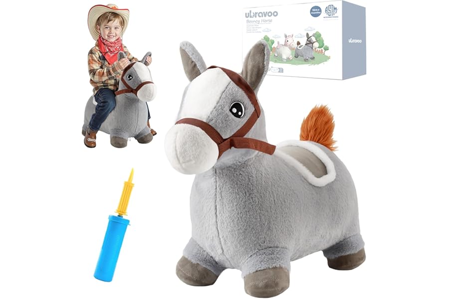 UBRAVOO Bouncy Pals Hopping Horse, Toddler Inflatable Bouncing Plush Animal Hopper Toy, Outdoor Indoor Plush Ride on Bouncer, Baby Birthday Gift for 18 Month 2 3 4 Year Old Boys Girls (Grey Pony-1)