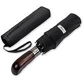 Balios Folding Umbrella Black | Handcrafted genuine wood handle with windproof vented double canopy and automatic opening clo