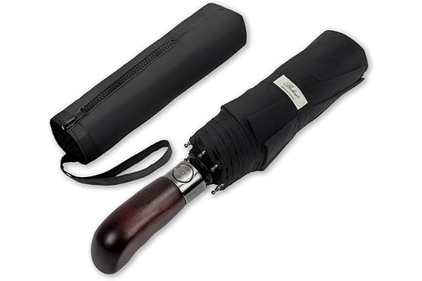 Balios® Parapluie de voyage, poignée en bois véritable, ouverture et fermeture automatiques, double toit coupe-vent ventilé, conçu au Royaume-Uni