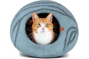 MEOWFIA Cat Bed Cave Premium Felt - Handmade 100% Merino Wool Bed for Cats and Kittens (Light Shades) (Large, Aquamarine)