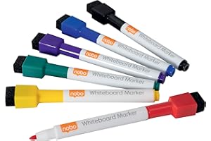 Nobo, Set 6 Pennarelli cancellabili a secco con inchiostro sicuro per lavagna, Marcatore punta a sfera a facile scorrimento da 2 mm con copri angolio magnete e cancellino, Colori Assortiti, 1903792