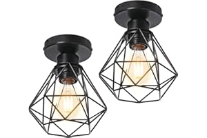 iDEGU Lot de 2 Plafonnier Industriel Vintage Lustre Suspension E27 Rétro Luminaire Design Cage Diamant Fer Lampe de Plafond pour Couloir Salon Cuisine Chambre, Ø16cm (Cage B, Noir)