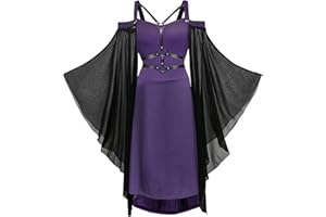 YRTBGD Gothic Dress Women's Vintage Black Medieval Dress with Trumpet Sleeves Tied Waist Dress Halloween Carnival Costume for Women