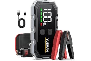 YUSMAN Booster Batterie Voiture - 6000A Démarreur Batterie Voiture Supersafe(Jusqu'à 7L GAS/5.5L Diesel), 12V Jump Starter avec LED, 5 V/3A, QC3.0,Sortie USB, Pince Sécurité Intelligentes et Ecran LCD