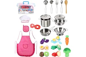 Birshe 26 Pezzi Accessori per Giocattoli da Cucina per Bambini, Cucina Pentole Giocattolo con Cibo e Frutta, Gioco di Ruolo da Cuoco Utensili, Grembiule e Cappello, Pentole Giocattolo per Bambini