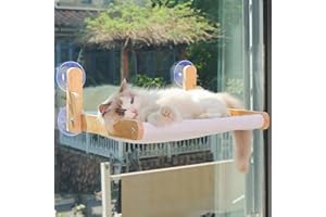 ALOXINA Perchoir de fenêtre pour chat avec cadre en bois - Hamac lit pliable pour chat d'intérieur - Housse en fourrure de lapin douce - Lavable - Ventouses puissantes - Sans perçage - Supporte les grands