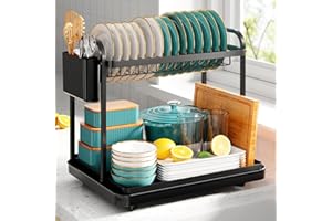 Kitsure Dish Drainer Rack - Space-Saving Dish Drainer, Dish Racks for Kitchen Counter, Stainless Steel Kitchen Drying Rack with a Cutlery Holder, 2-Tiers, Black