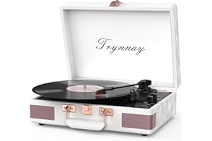 Trynnay Plattenspieler Schallplattenspieler 3-Gang-Bluetooth, tragbarer Koffer-Vinyl-Player mit integrierten Lautsprechern, Plattenspieler, verbesserter Audio-Sound Gewachstes Leder, Weiß