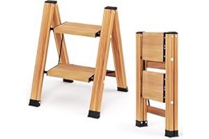 KULACO Escabeau 2 marches Pliables, escabeau Pliant en Aluminium, échelle de ménage antidérapante, échelle multifonctionnelle Conception en Grain de Bois, capacité de Charge jusqu'à 150 kg