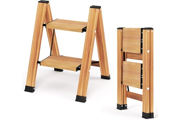 KULACO Escabeau 2 marches Pliables, escabeau Pliant en Aluminium, échelle de ménage antidérapante, échelle multifonctionnelle Conception en Grain de Bois, capacité de Charge jusqu'à 150 kg