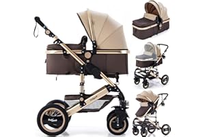 Daliya Bambimo 2in1 Kinderwagen - Kombikinderwagen 9-Teiliges Set incl. Babywanne & Sportsitz/Buggy - 1-Klick-System/Alu-Rahmen/Voll-Gummireifen/Sonnenschutz/Getränkehalter in Gold-Braun