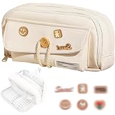 KASESSS School Pencil Case, 4 Compartments, Large School Cases, Case with Decorative Patches, Multifunctional Pencil Case, Sc