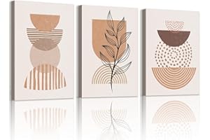WENGTIAO 3 Pièces Boho Abstraite Géométrique Tableau Decoration Murale Encadré Toile Peinture Beige et Marron Minimaliste Plantes Neutre Decoration Murale Salon Maison Deco Chambre 30x40cmx3