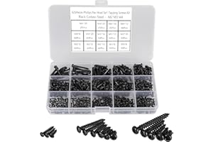 FandWay 625 Pièces Vis Autotaraudeuses,M2 M3 M4 Vis à Tête Cylindrique,Phillips Noir Tête Ronde Vis à Bois,Acier Carbone Vis Autoforeuse pour équipement de Bureau Meubles en Bois Devoirs DIY.