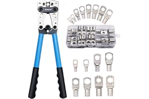 Brileine Battery Cable Crimping Tool Kit from AWG 1/0-8 with 60PCS Copper Ring Terminals 8 Sizes Battery Cable Lug Crimper for Heavy Duty Wire Lugs, Battery Terminal, Copper Lugs(Set Blue)