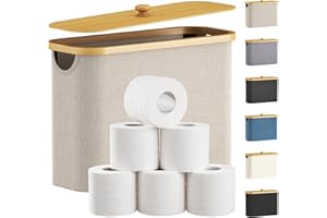 Lifewit 23L Toilet Roll Storage, Bathroom Storage Box Holder Stand with Lid, Bamboo Multifunctional Toilet Paper Basket Cabinet with Handle, Beige