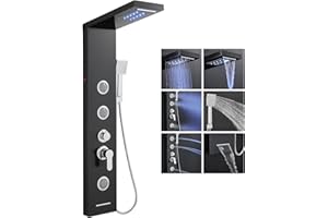 KEOKBON LED Shower Panel Tower System 6 in 1- Waterfall, Rainfall Shower Head, Handheld, 3 Body Jets(2 Modes) and Waterfall Bathtub Spout, Shower Column System Set Black