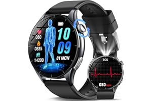 MARSYU 2025 Nuovo Smartwatch Uomo con ECG/𝐆li𝐜𝐞𝐦𝐢a/Pressione Sanguigna/Acido Urico/Sonno/BMI/Temperatura/Cardiofrequenzimetro,1,56"AMOLED Salutare Orologio con Torcia LED/Funzione Telefono/Pulsante SOS