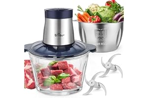 Bear 2L+1.8LFleischwölfe Zerkleinerer Elektrisch, Glas+Edelstahl，600W 2 Geschwindigkeit, Häcksler mit 4-Edelstahlklingen und Fleischwolf, Chopper für Fleisch,Babynahrung,Obst,Gemüse