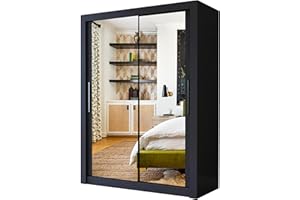 A.C. Milan Modern Double Mirror sliding door wardrobe with LED Light Width 100cm/120cm/150cm/180cm/203cm/250cm (120, Black)