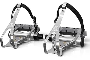 LOEVELOSI SpeedPro Pédales de vélo rétro en aluminium argenté avec sangles en nylon pour vélo de course