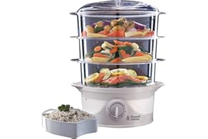 Russell Hobbs 3 Tier Electric Food Steamer, 9L, Dishwasher safe BPA free baskets, Stackable baskets, 1L Rice bowl inc, 60 min timer, Steams in 40 seconds, Healthy eating, Energy saving, 800W, 21140
