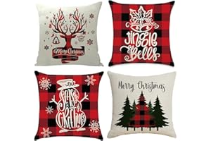 HIQE-FL Funda de Cojines Navideño,4Pcs Fundas Navideñas para Cojines,Fundas Cojines de Algodon,Fundas Cojines Decorativos para Sofa,Almohada de Lino,Fundas para Cojines de Sofa (45 x 45cm)