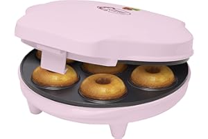 Bestron Donut Maker en diseño retro, mini donut maker eléctrica para 7 pequeños donuts, incl. semáforo de cocción y revestimiento antiadherente, 700 vatios, color: rosa