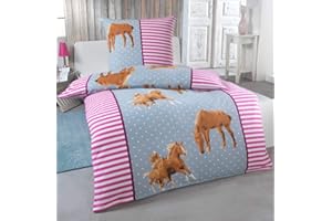DreamHome 2 teilige Kinder Warme Kuschel Fleece Bettwäsche 135x200 + Kissenhülle 80x80 Einhorn Feuerwehrmann Pferd Pinguin, Designe:Pferde