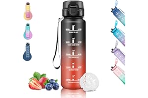 Grsta Borraccia 1 Litro, Borraccia Palestra, Senza Perdite, Borraccie con Orari per Bere, Facile da Pulire, Borracce per Sport, Escursionismo, Corsa, Trekking, Campeggio, Nero-Rosso