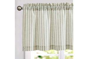 TOPICK Zazdrostka w paski, lniana zasłona z paskami, zasłona kuchenna, nieprzejrzysta, krótka, do kuchni, jadalni, łazienki, na małe okno, 1 sztuka, 125 x 40 cm (wys. x szer.), zielona na beżowym