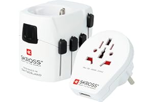 SKROSS 1.302539 | PRO – World & USB | 2 w 1 - Uniwersalny adapter podróżny do i z całego świata - Napięcie i moc: 100 V – 700 W / 250 V – 1750 W - Gniazdo USB 2,4 A - Ochrona przed wstrząsami, Biały