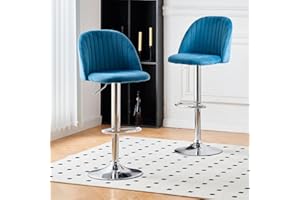 SANERY Velvet Bar Stools Set of 2, Height Adjustable Breakfast Counter Chairs for Kitchen Island, Upholstered Barstools with Backrest Footrest, Swivel Bar Chairs High Stools for Home Bar, Blue
