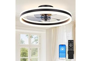 SUNKENET Ceiling Fans with Lights and Remote, 50cm Ceiling Fan Light, 3000K-6500K Dimmable Smart LED Fan Light, 6 Wind Speeds & Reversible, Black Modern Queit Fan Light Ceiling for Bedroom
