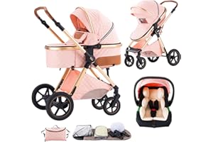 Shineey 3 in 1 Baby Stroller with Height Adjustable Handle,3 in 1 Prams Travel System, Lightweight Foldable Pushchair, Prams with Aluminum Frame for Portable Baby Carriage