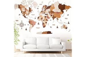 WOW WOOD® Mappa del Mondo in Legno 3D in Italiano - Premium Wall Decor Premium Wall Decor | Montaggio a parete senza attrezzi | Idea regalo per ogni ricorrenza (62.00 x 120.00 cms, Colore del legno)
